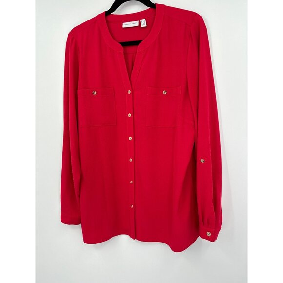 Susan Graver Split V-Neck Long Roll Tab Sleeve Button Blouse Top Red Size 12 - Picture 2 of 7